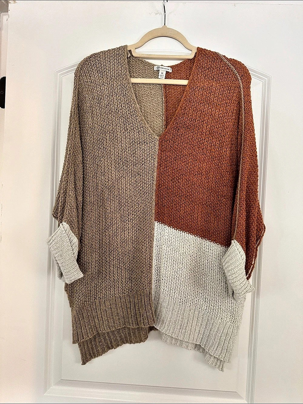 Versona Color Block Knit Cardigan Brown Beige Medium Like New